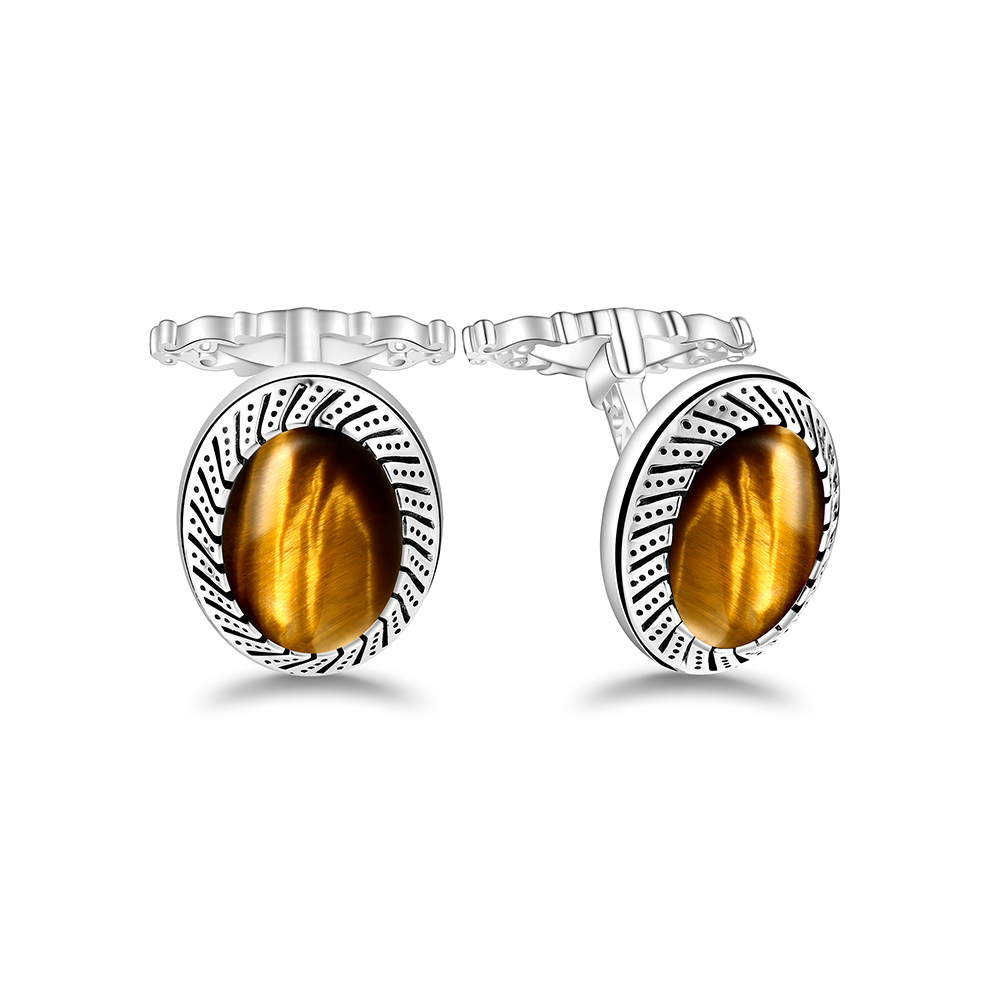 Sterling Silver 925 Cufflink Rhodium Plated Embedded With Yellow Tiger Eye