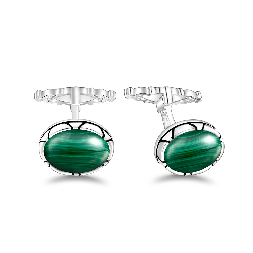 Sterling Silver 925 Cufflink Rhodium Plated Embedded With Malachite