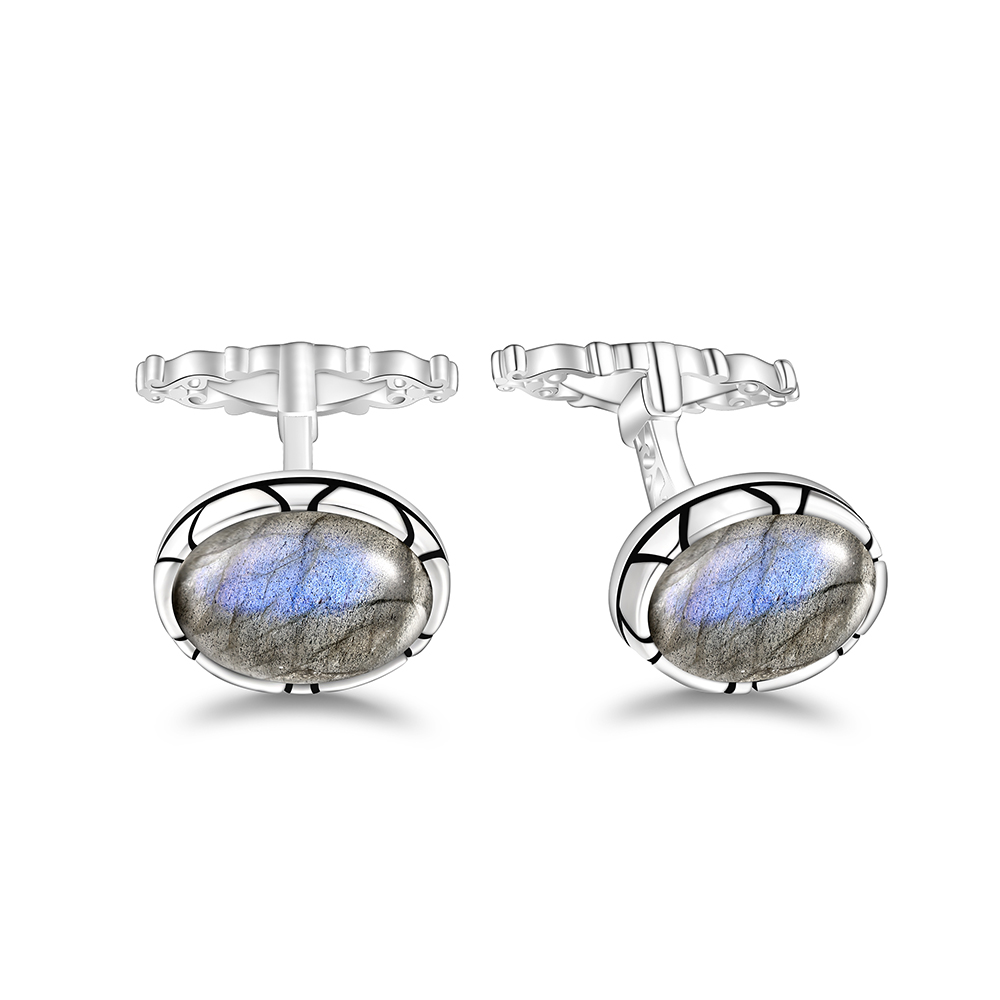 Sterling Silver 925 Cufflink Rhodium Plated Embedded With Labrodite