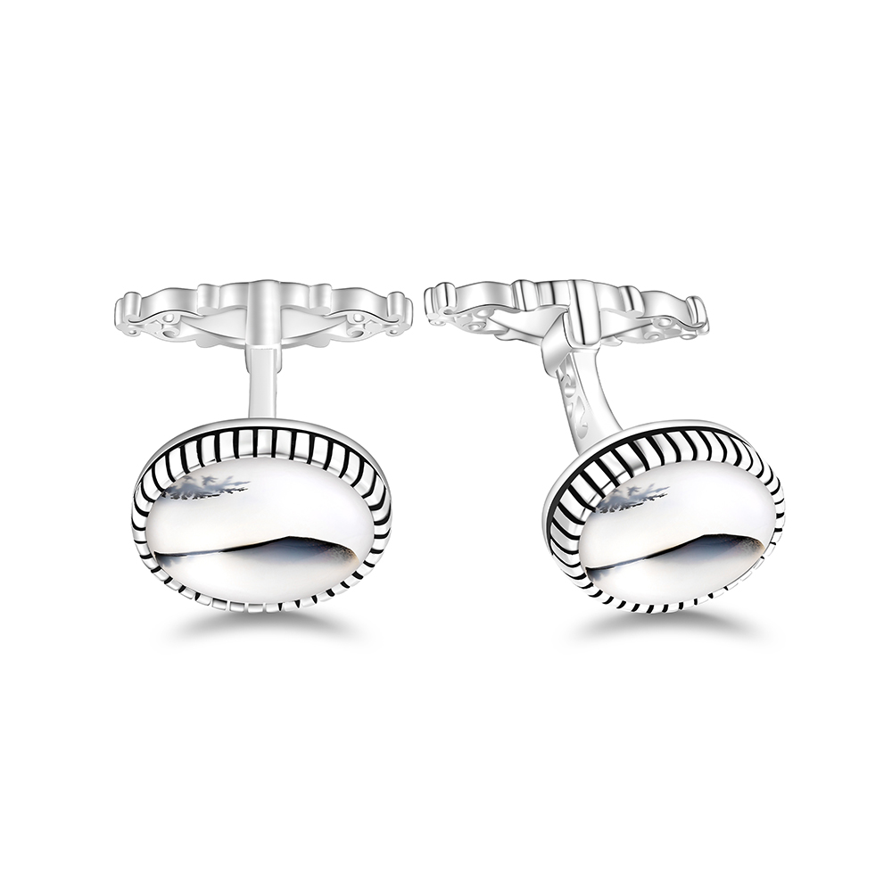 Sterling Silver 925 Cufflink Rhodium Plated Embedded With Natural Agate