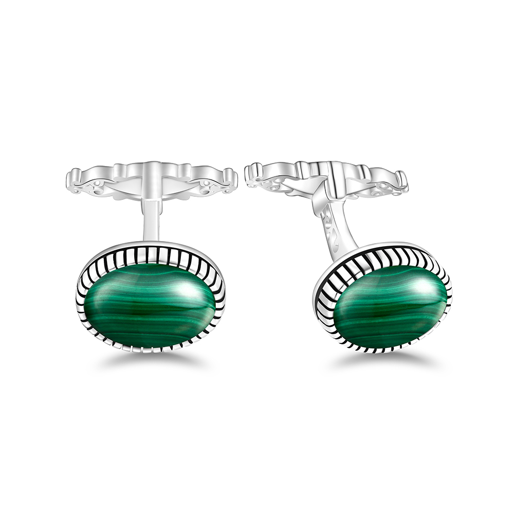 Sterling Silver 925 Cufflink Rhodium Plated Embedded With Malachite