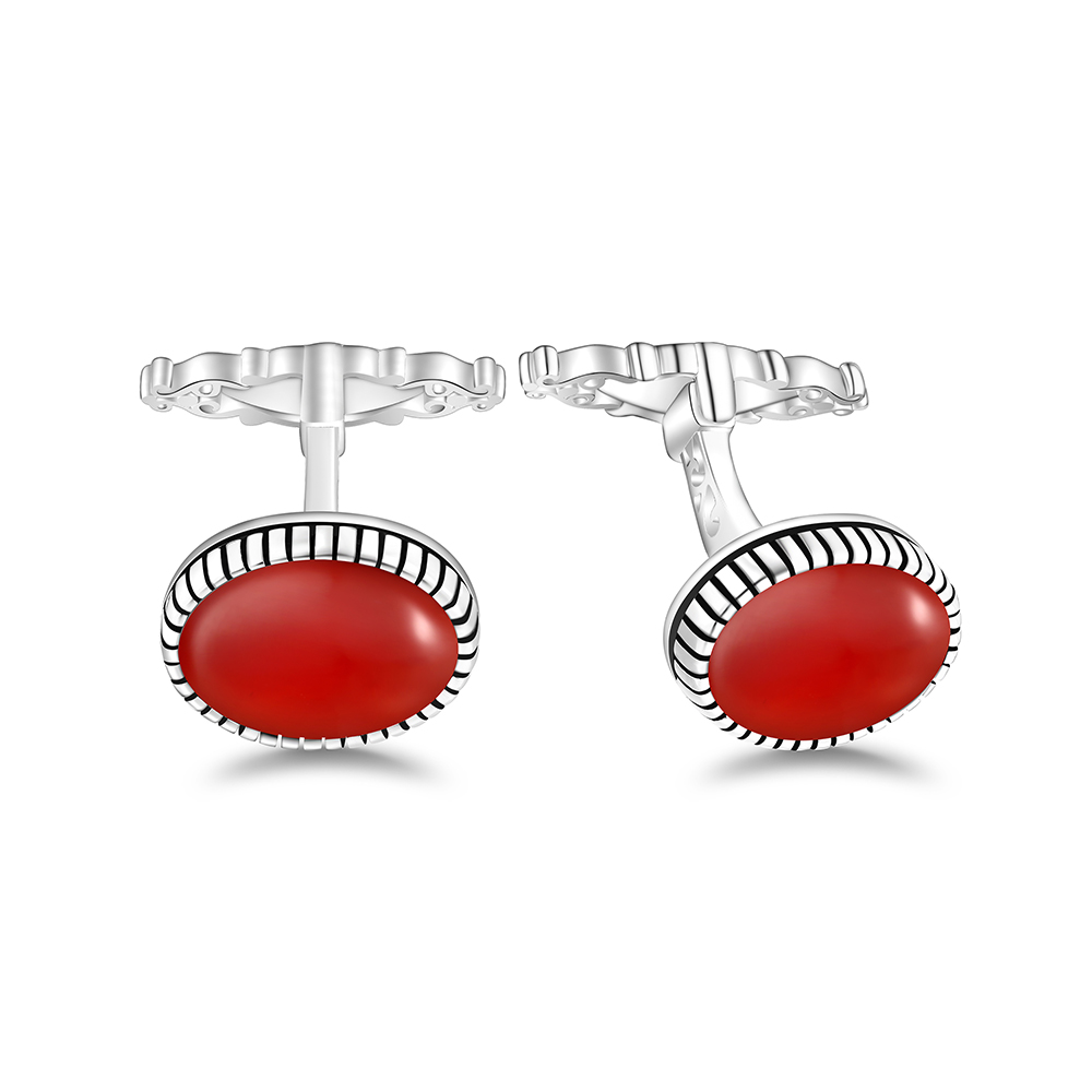 Sterling Silver 925 Cufflink Rhodium Plated Embedded With Red Agate