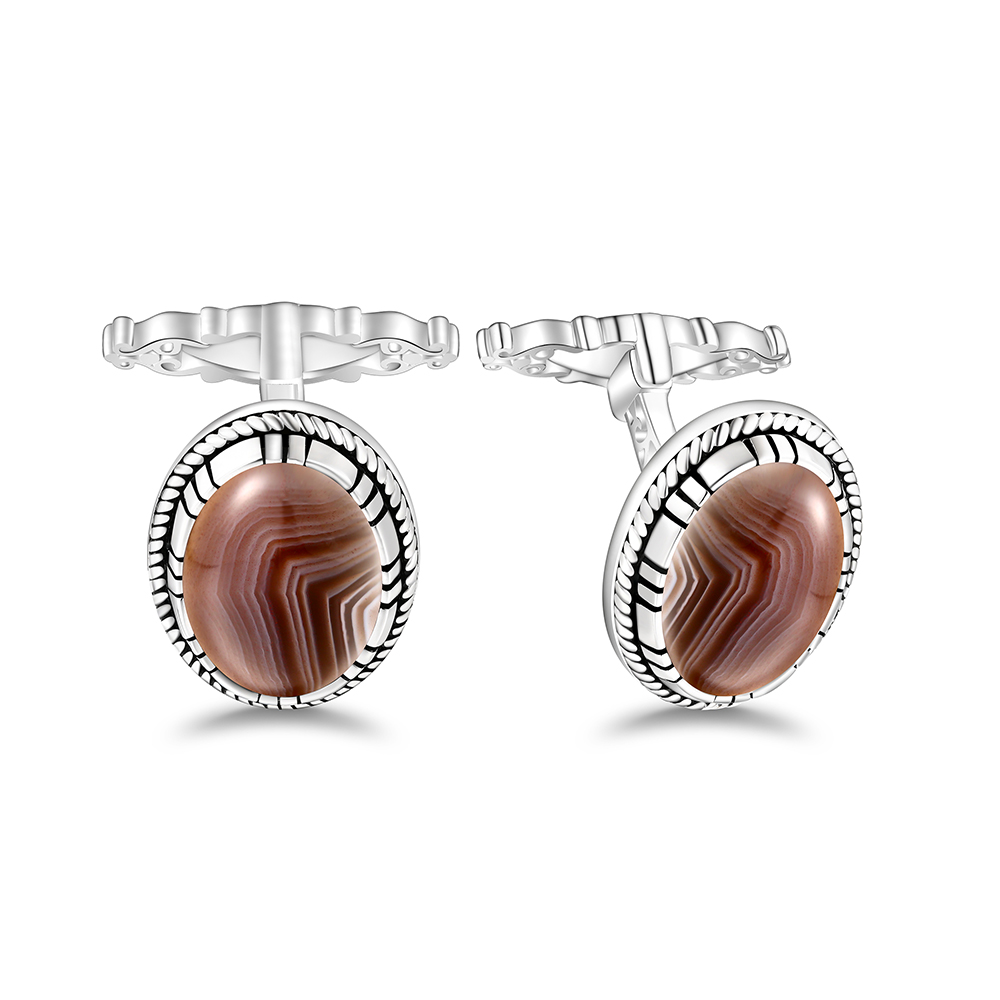 Sterling Silver 925 Cufflink Rhodium Plated Embedded With Botswana Agate