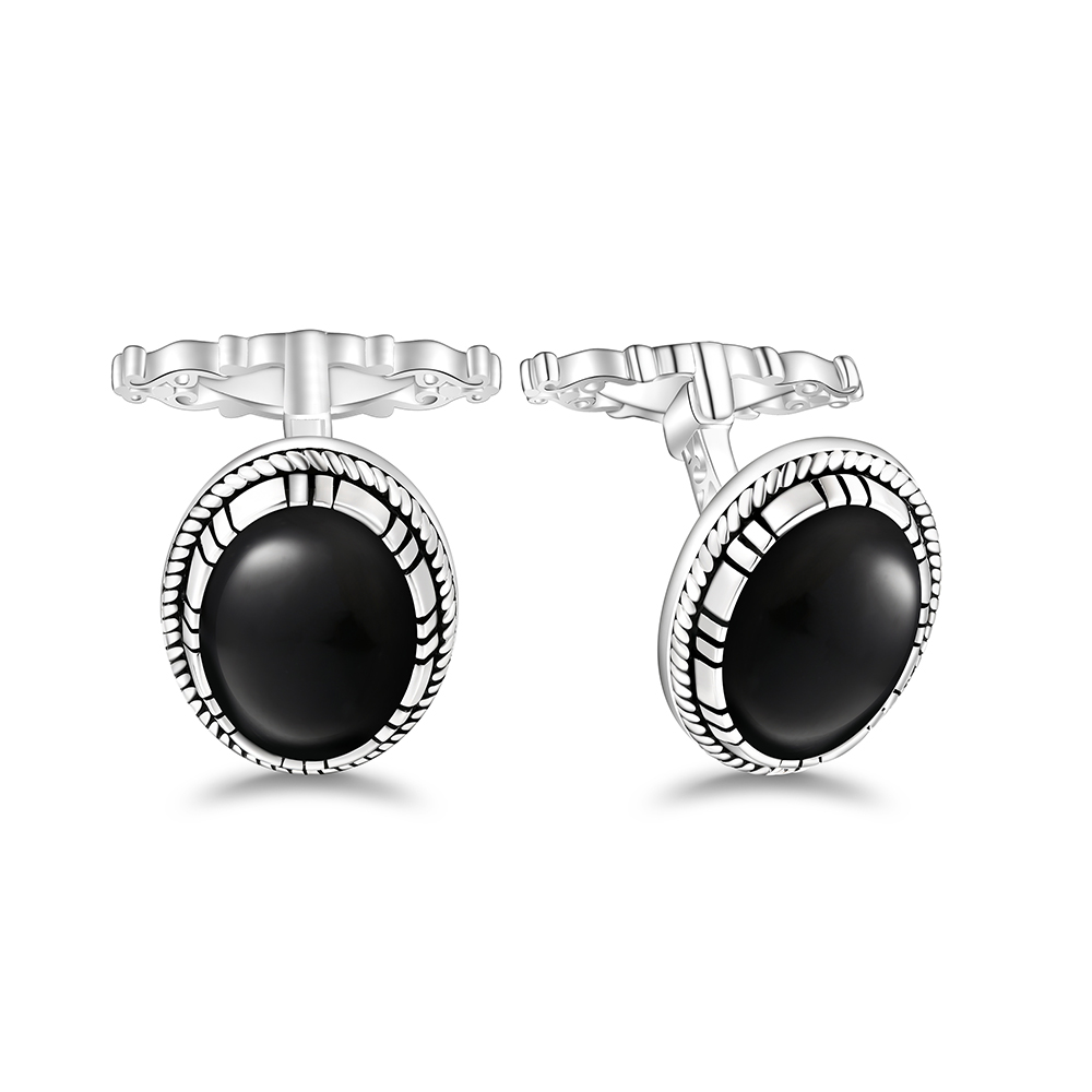 Sterling Silver 925 Cufflink Rhodium Plated Embedded With Black Agate