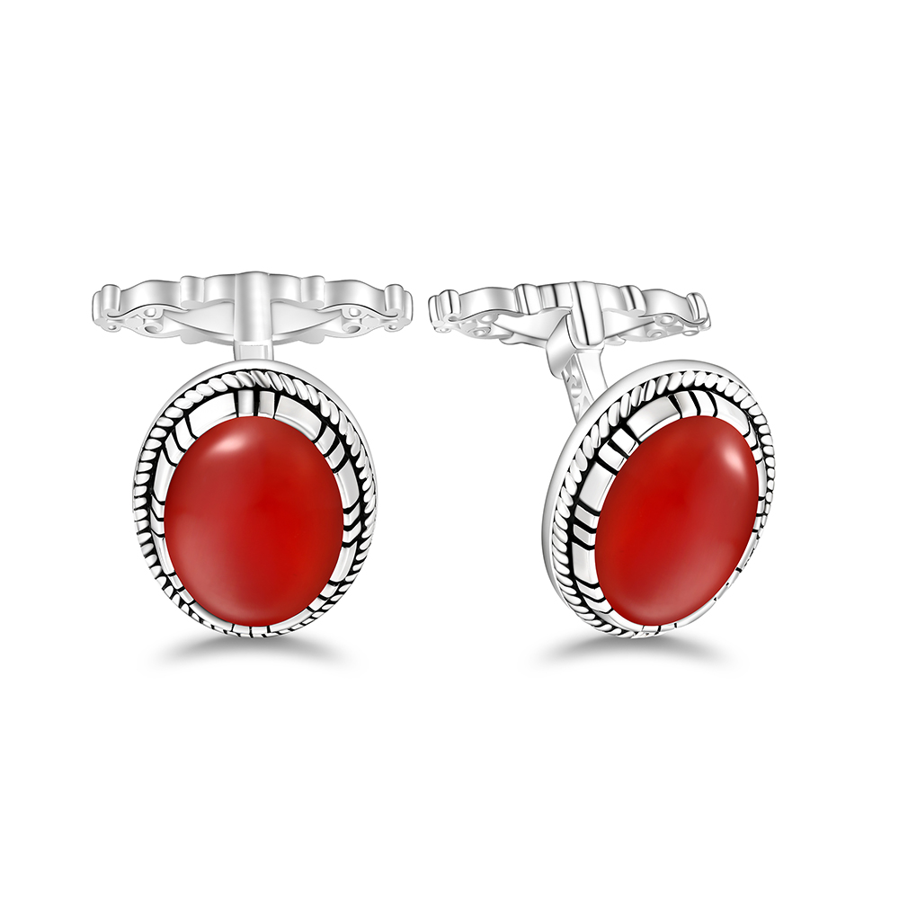 Sterling Silver 925 Cufflink Rhodium Plated Embedded With Red Agate