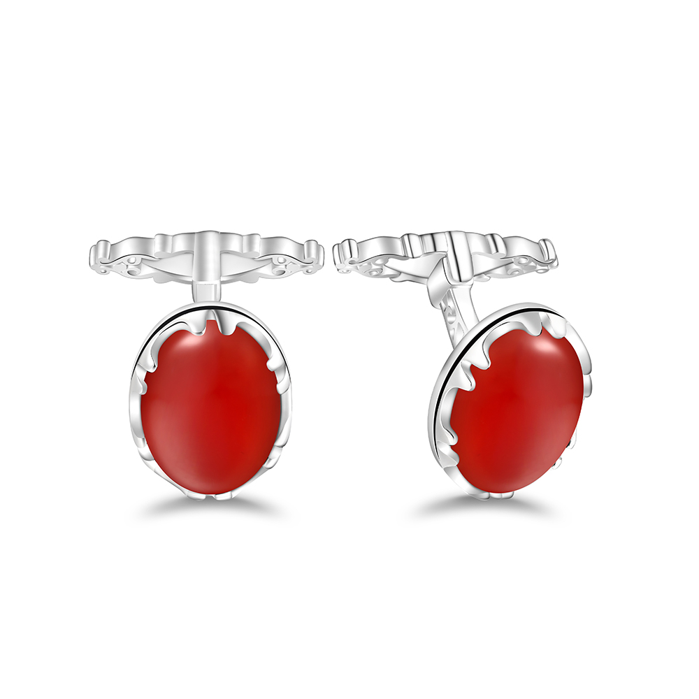 Sterling Silver 925 Cufflink Rhodium Plated Embedded With Red Agate