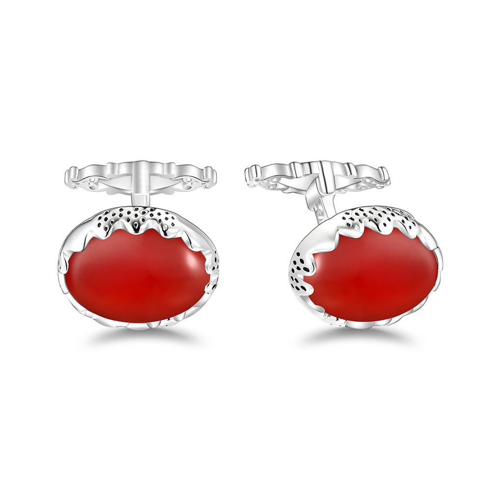 Sterling Silver 925 Cufflink Rhodium Plated Embedded With Red Agate