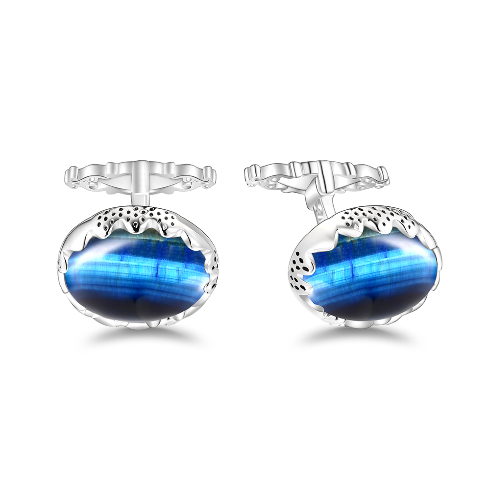 Sterling Silver 925 Cufflink Rhodium Plated Embedded With Blue Tiger Eye