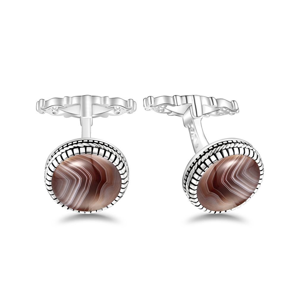 Sterling Silver 925 Cufflink Rhodium Plated Embedded With Botswana Agate