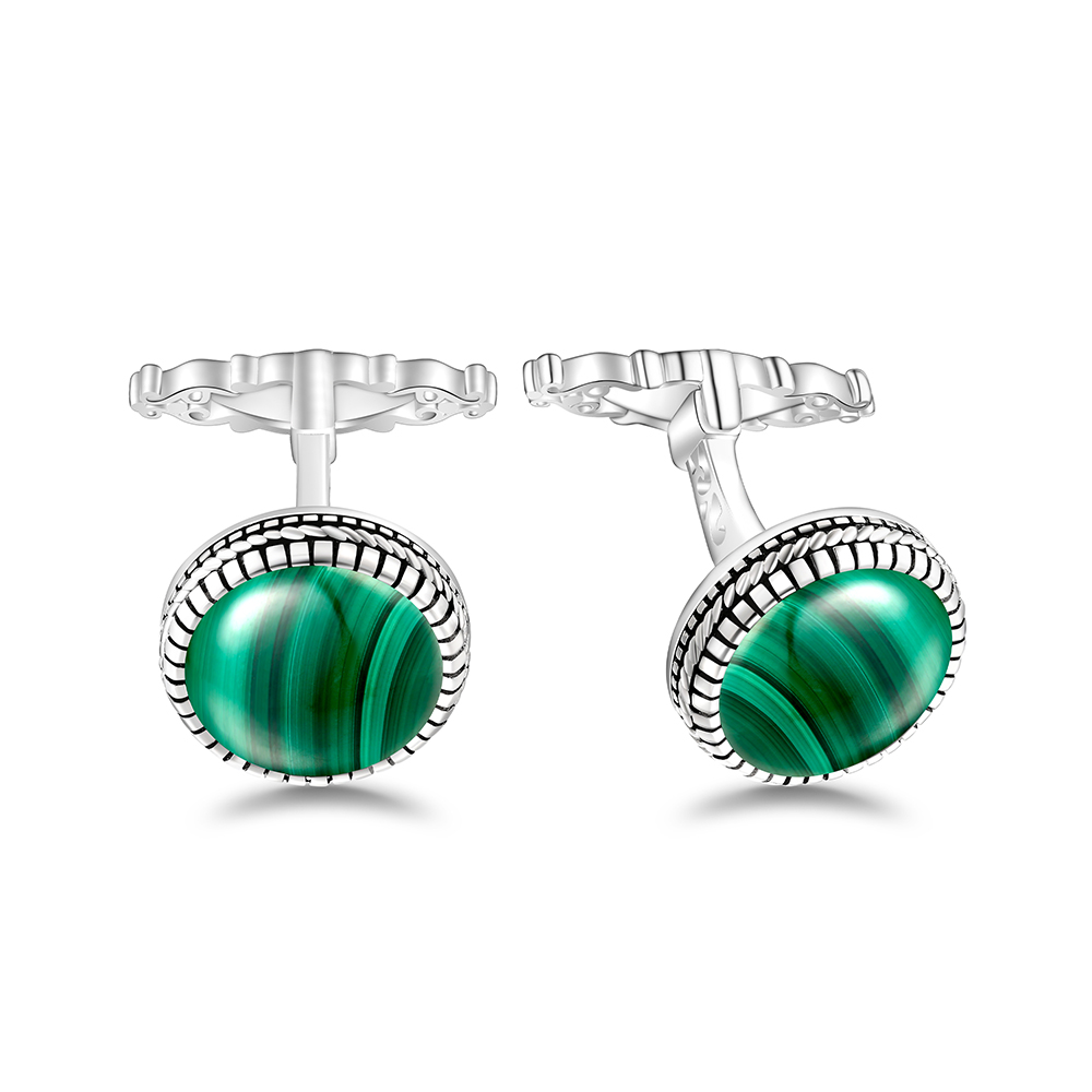 Sterling Silver 925 Cufflink Rhodium Plated Embedded With Malachite