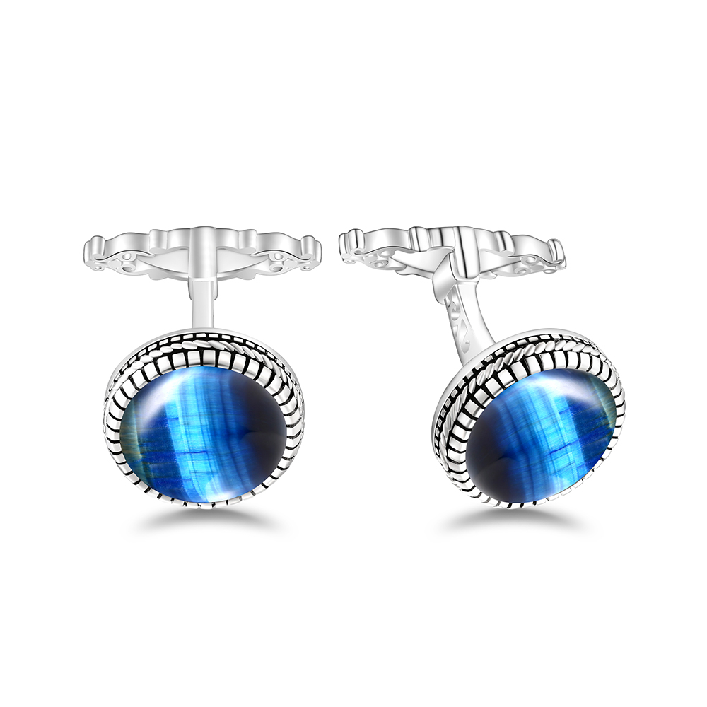 Sterling Silver 925 Cufflink Rhodium Plated Embedded With Blue Tiger Eye