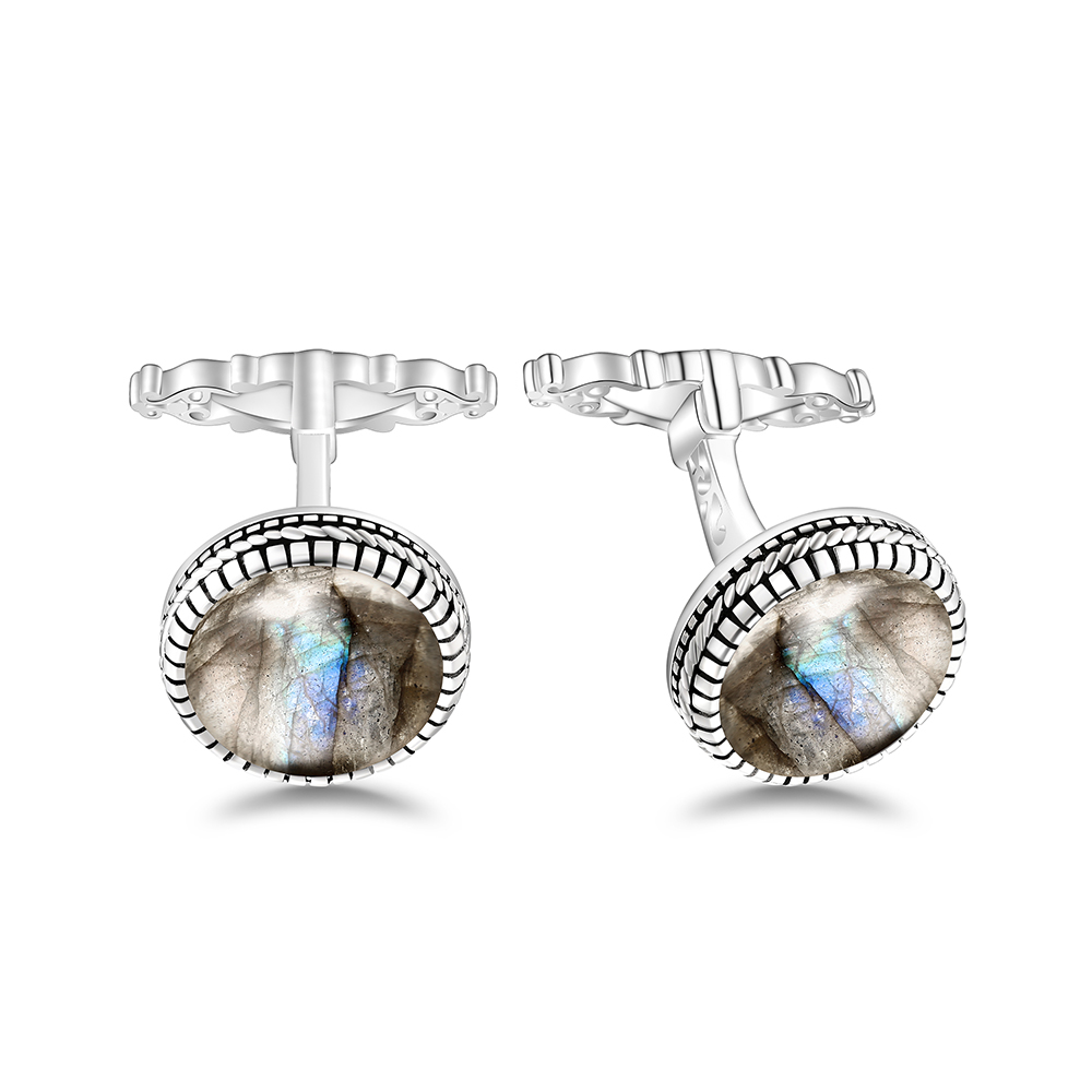 Sterling Silver 925 Cufflink Rhodium Plated Embedded With Labrodite