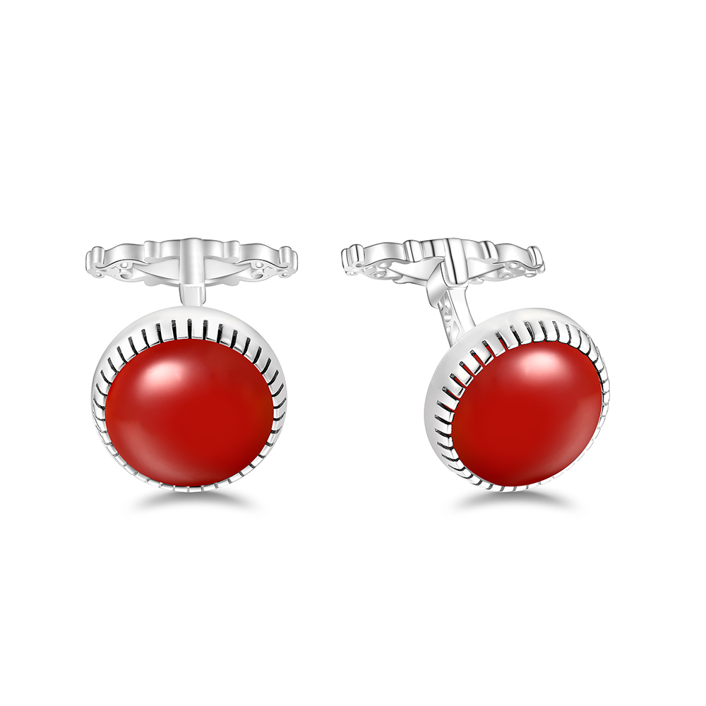 Sterling Silver 925 Cufflink Rhodium Plated Embedded With Red Agate