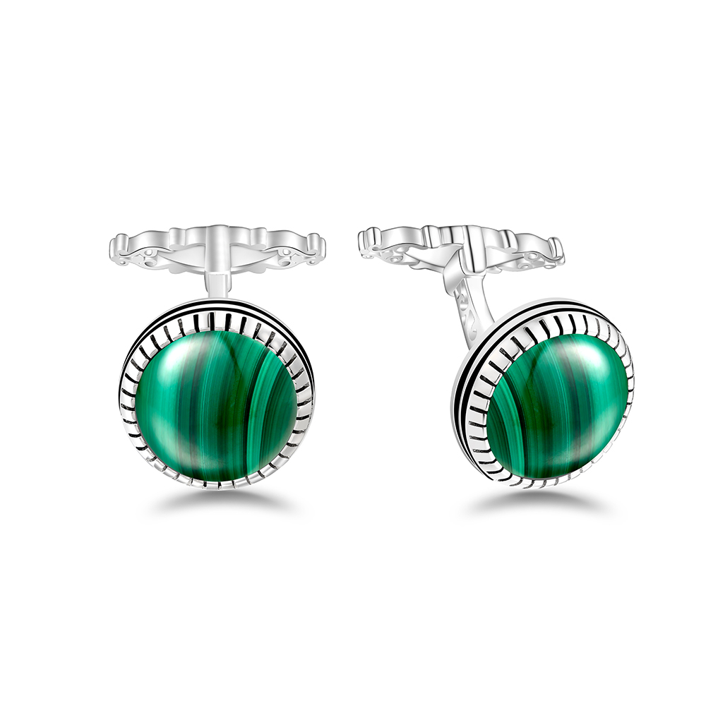 Sterling Silver 925 Cufflink Rhodium Plated Embedded With Malachite