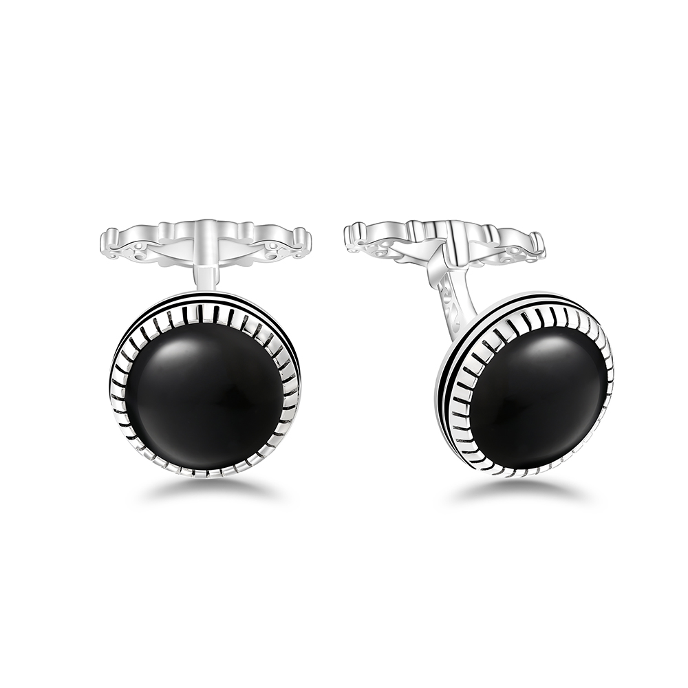 Sterling Silver 925 Cufflink Rhodium Plated Embedded With Black Agate