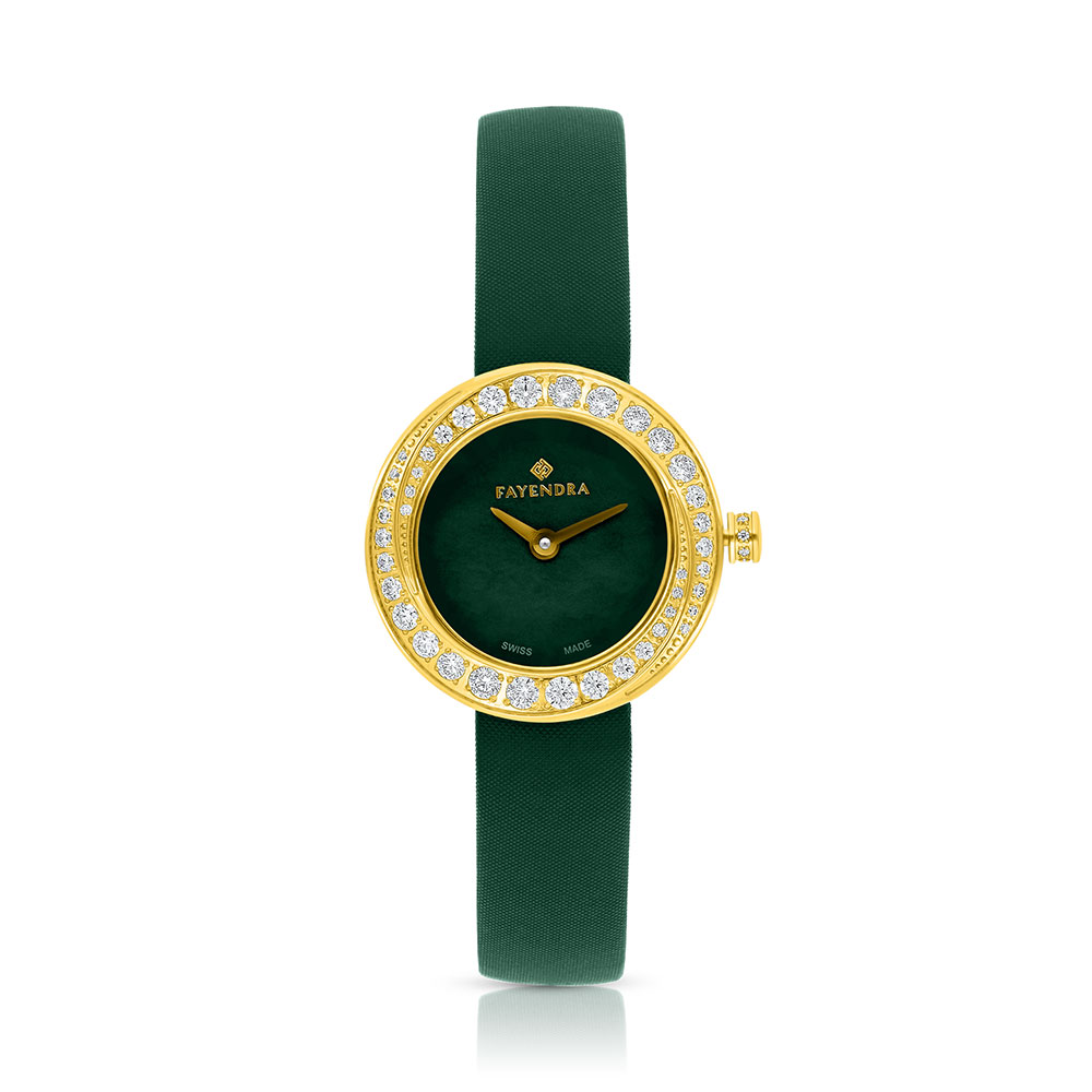 Stainless Steel 316 Watch Golden Color Embedded With Green Leather And White Zircon - GREEN DIAL