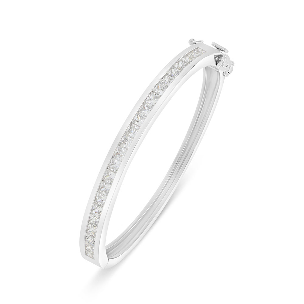 Sterling Silver 925 Bangle Rhodium Plated Embedded With White Zircon (58*52)M