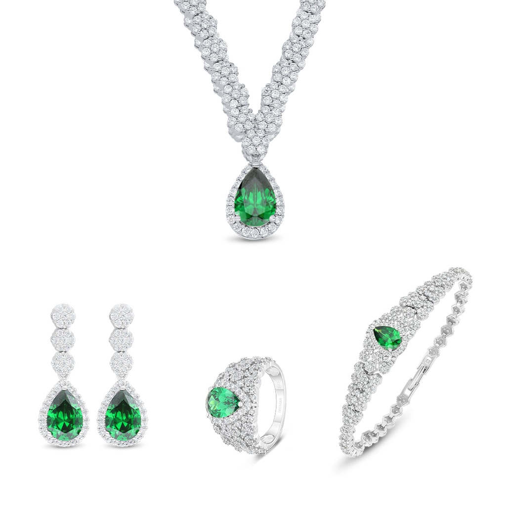 Sterling Silver 925 SET Rhodium Plated Embedded With Emerald Zircon And White Zircon