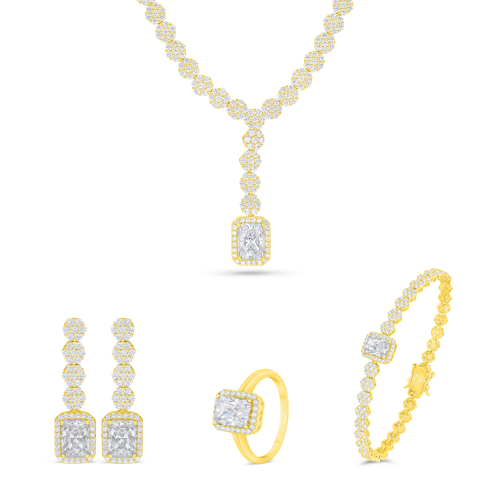 Sterling Silver 925 SET Golden Plated Embedded With Yellow Diamond And White Zircon