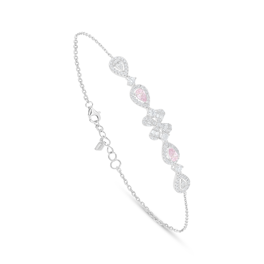 Sterling Silver 925 Bracelet Rhodium Plated Embedded With Pink Zircon And White Zircon