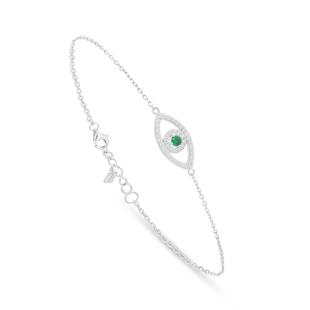 Sterling Silver 925 Bracelet Rhodium Plated Embedded With Emerald Zircon And White Zircon