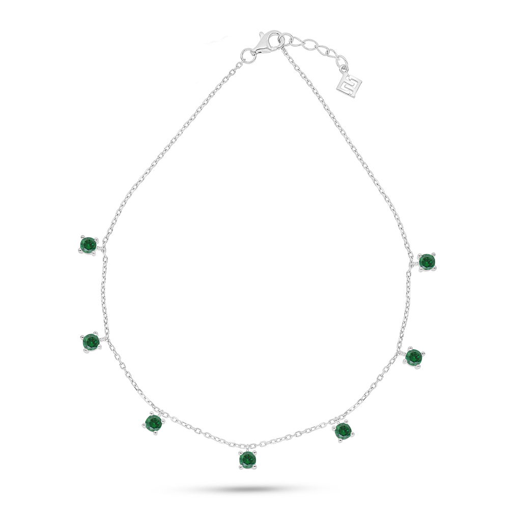 Sterling Silver 925 Anklet Rhodium Plated Embedded With Emerald Zircon 