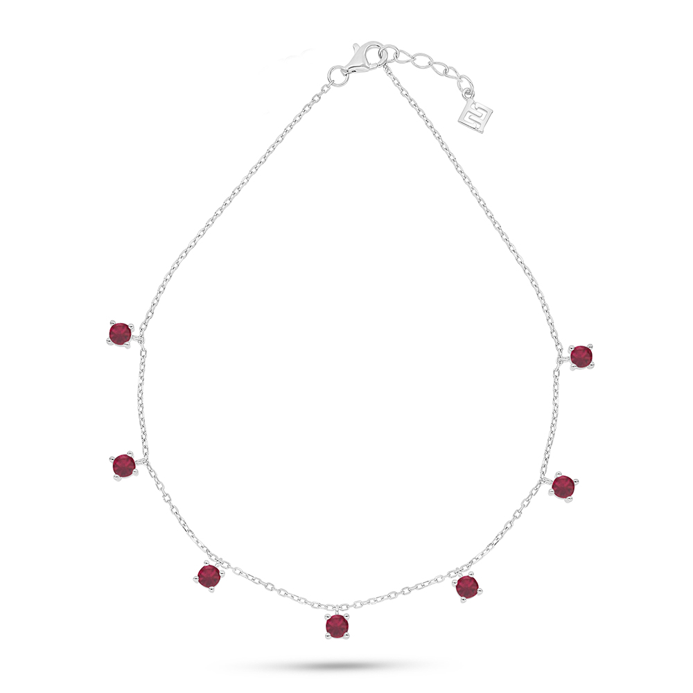 Sterling Silver 925 Anklet Rhodium Plated Embedded With Ruby Corundum 