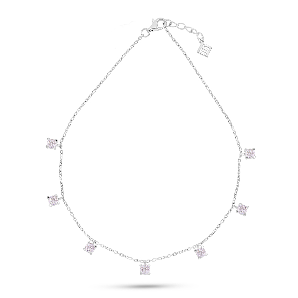 Sterling Silver 925 Anklet Rhodium Plated Embedded With Pink Zircon 