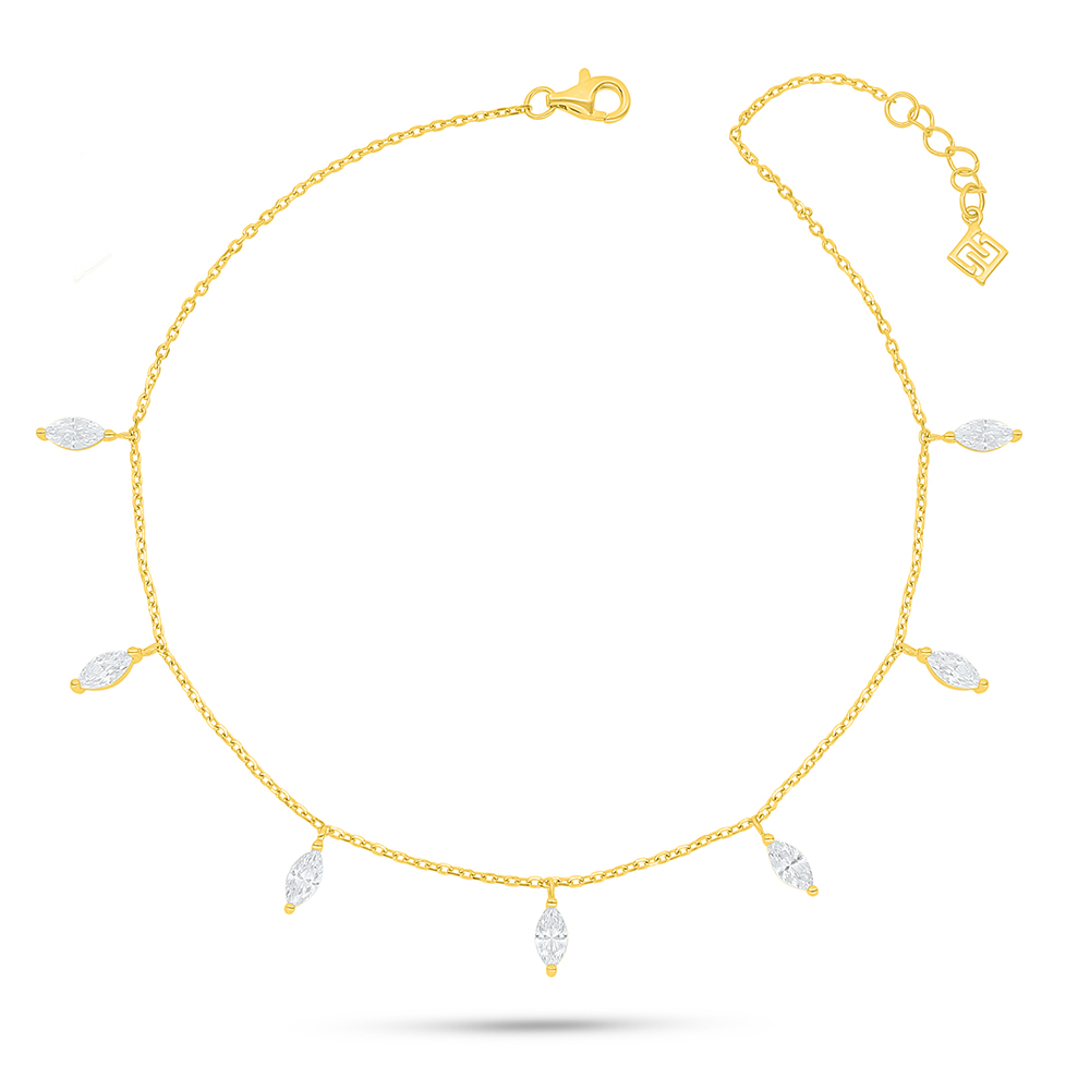 Sterling Silver 925 Anklet Golden Plated Embedded With White Zircon