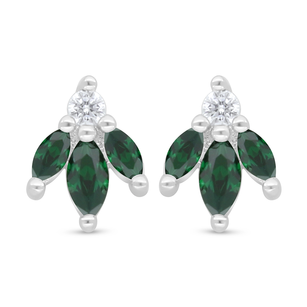 Sterling Silver 925 Earring Rhodium Plated Embedded With Emerald Zircon And White Zircon