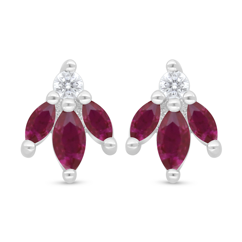 Sterling Silver 925 Earring Rhodium Plated Embedded With Ruby Corundum And White Zircon