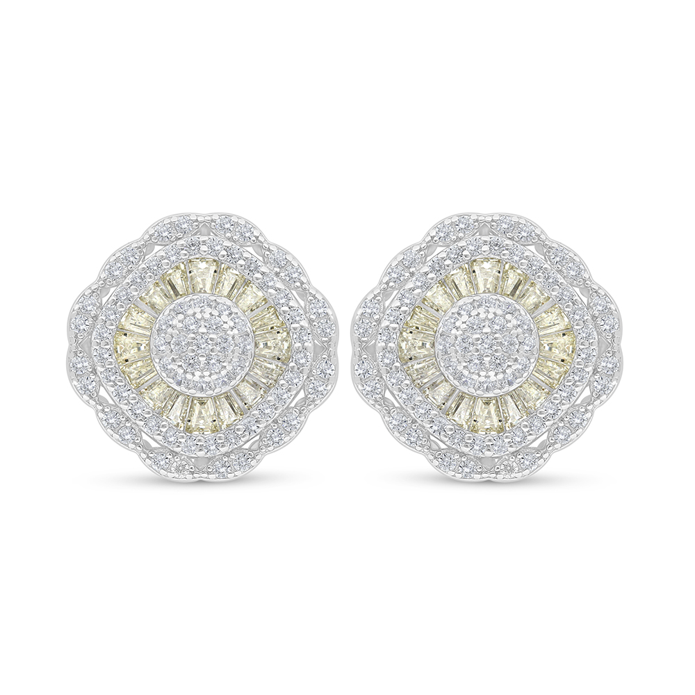 Sterling Silver 925 Earring Rhodium Plated Embedded With Yellow Diamond And White Zircon