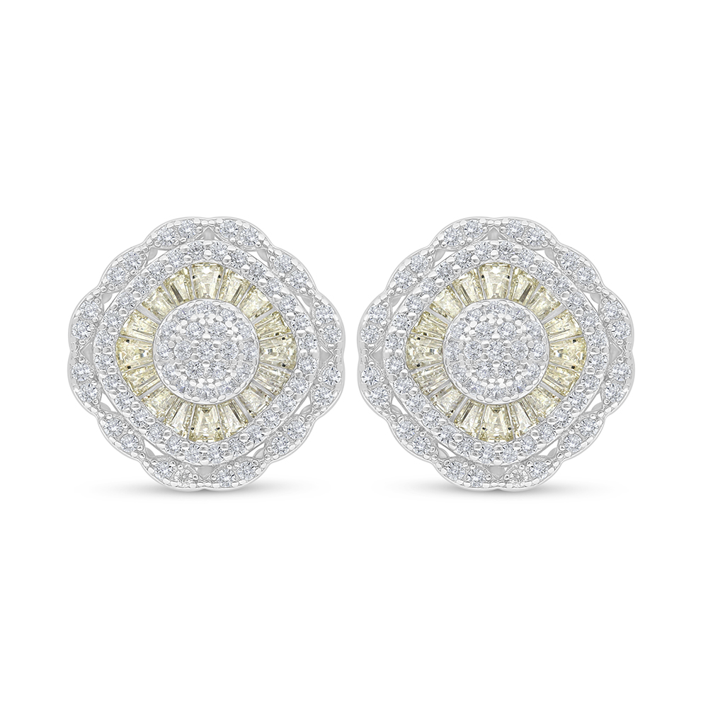 Sterling Silver 925 Earring Rhodium Plated Embedded With Yellow Diamond And White Zircon