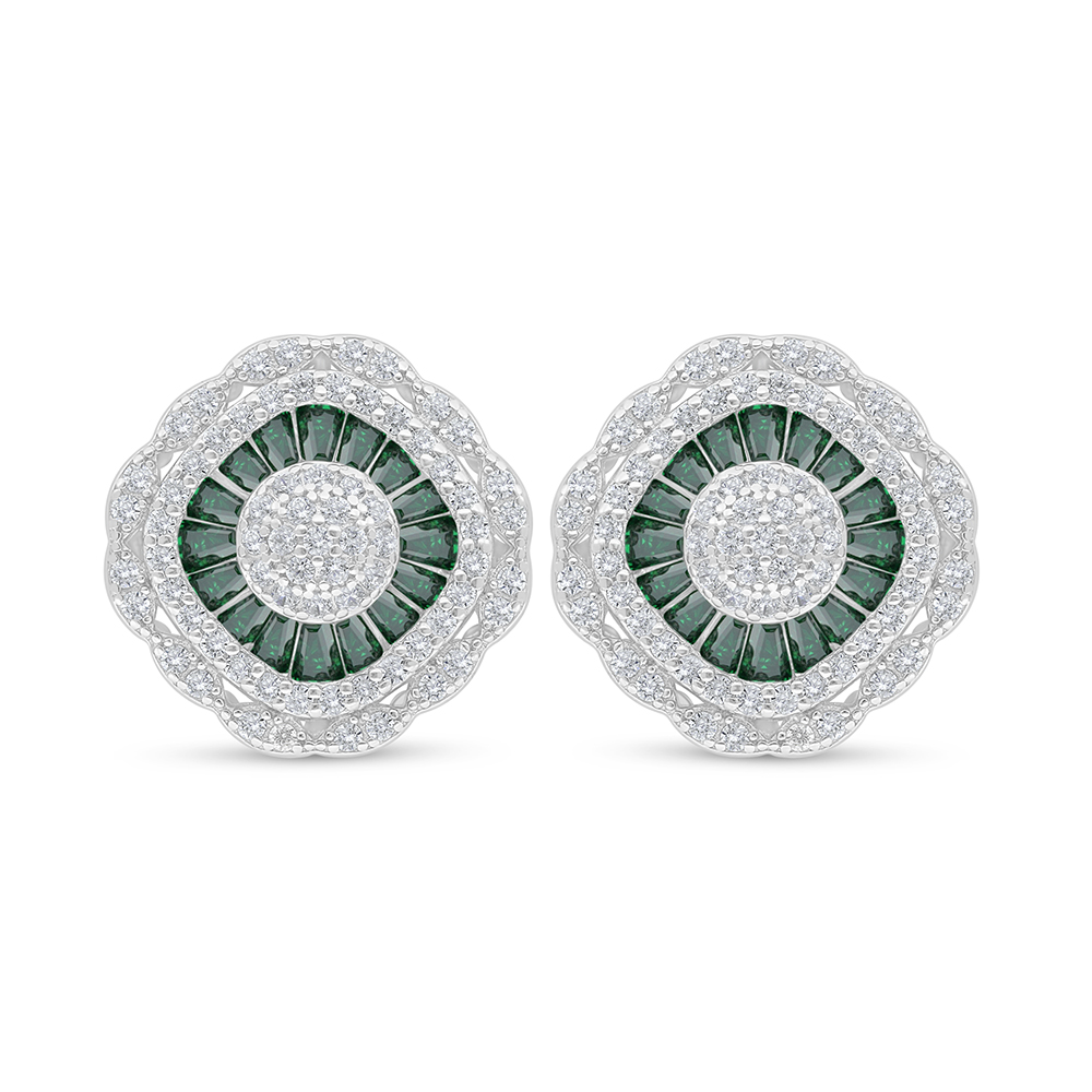 Sterling Silver 925 Earring Rhodium Plated Embedded With Emerald Zircon And White Zircon