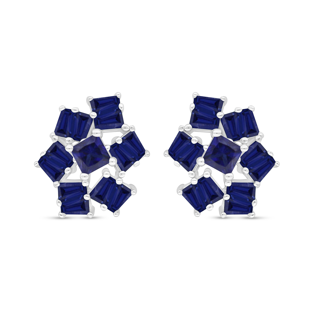 Sterling Silver 925 Earring Rhodium Plated Embedded With Sapphire Corundum 