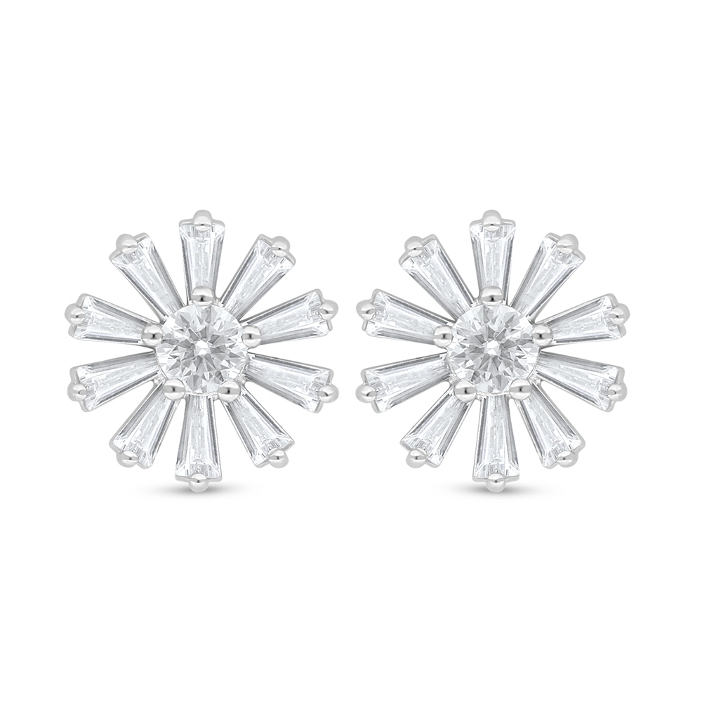 Sterling Silver 925 Earring Rhodium Plated Embedded With White Zircon