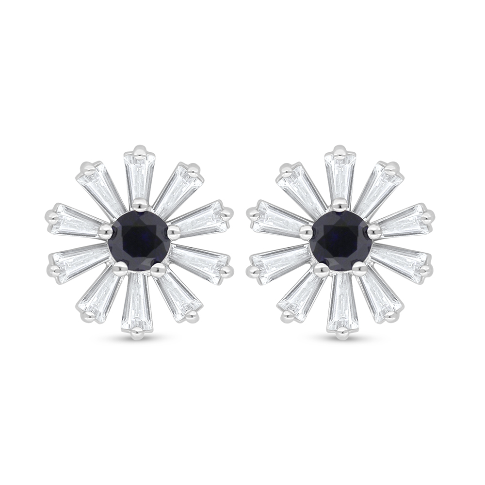 Sterling Silver 925 Earring Rhodium Plated Embedded With Sapphire Corundum And White Zircon