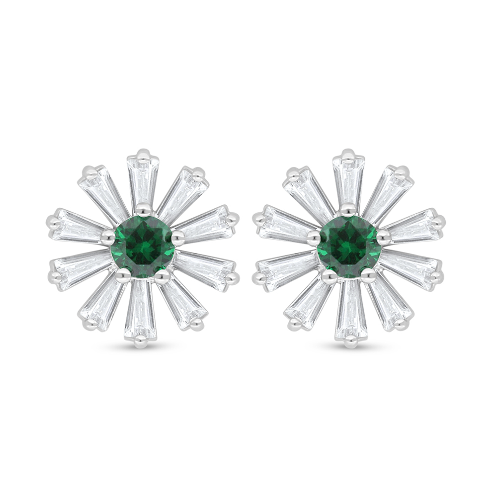 Sterling Silver 925 Earring Rhodium Plated Embedded With Emerald Zircon And White Zircon