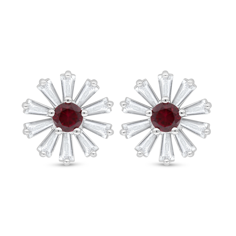 Sterling Silver 925 Earring Rhodium Plated Embedded With Ruby Corundum And White Zircon