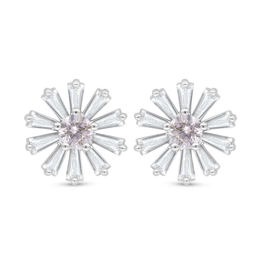 Sterling Silver 925 Earring Rhodium Plated Embedded With Pink Zircon And White Zircon