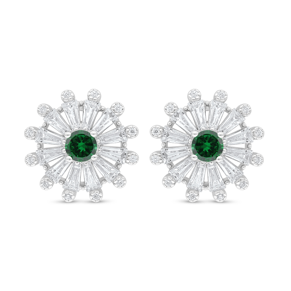 Sterling Silver 925 Earring Rhodium Plated Embedded With Emerald Zircon And White Zircon