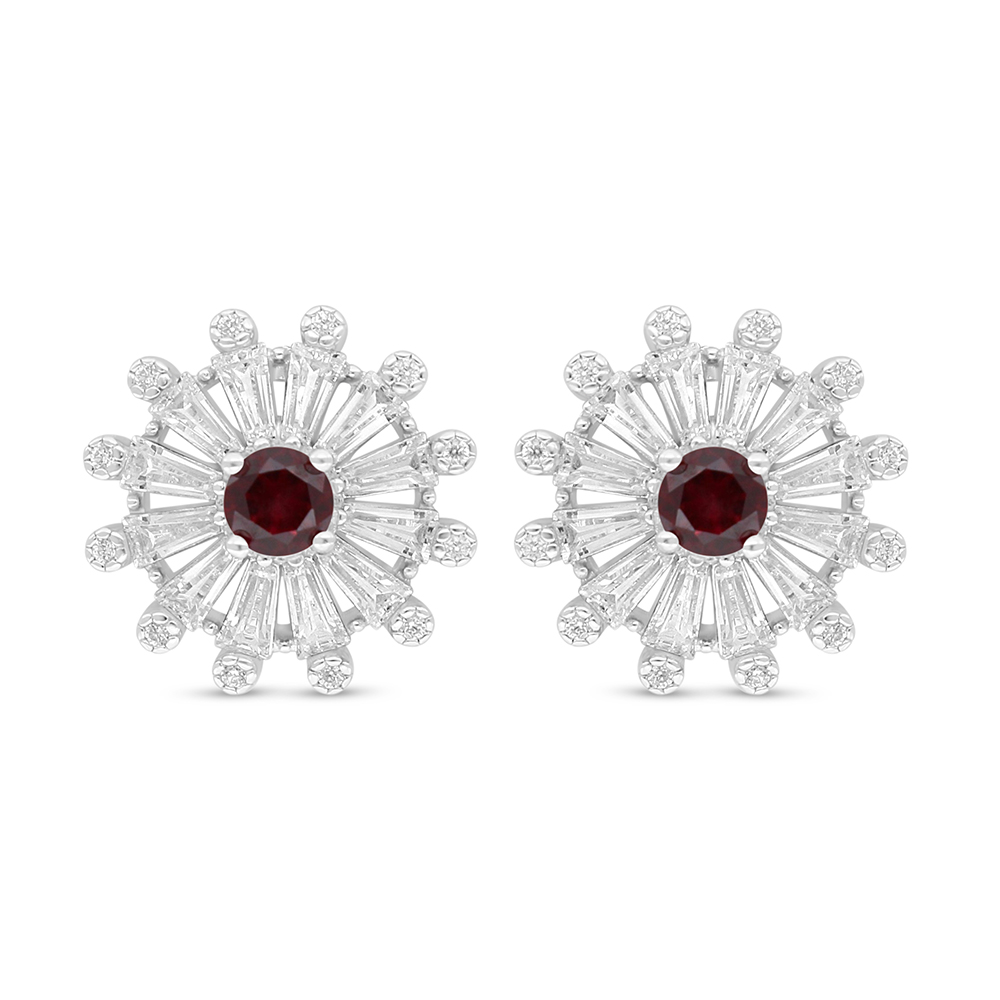 Sterling Silver 925 Earring Rhodium Plated Embedded With Ruby Corundum And White Zircon