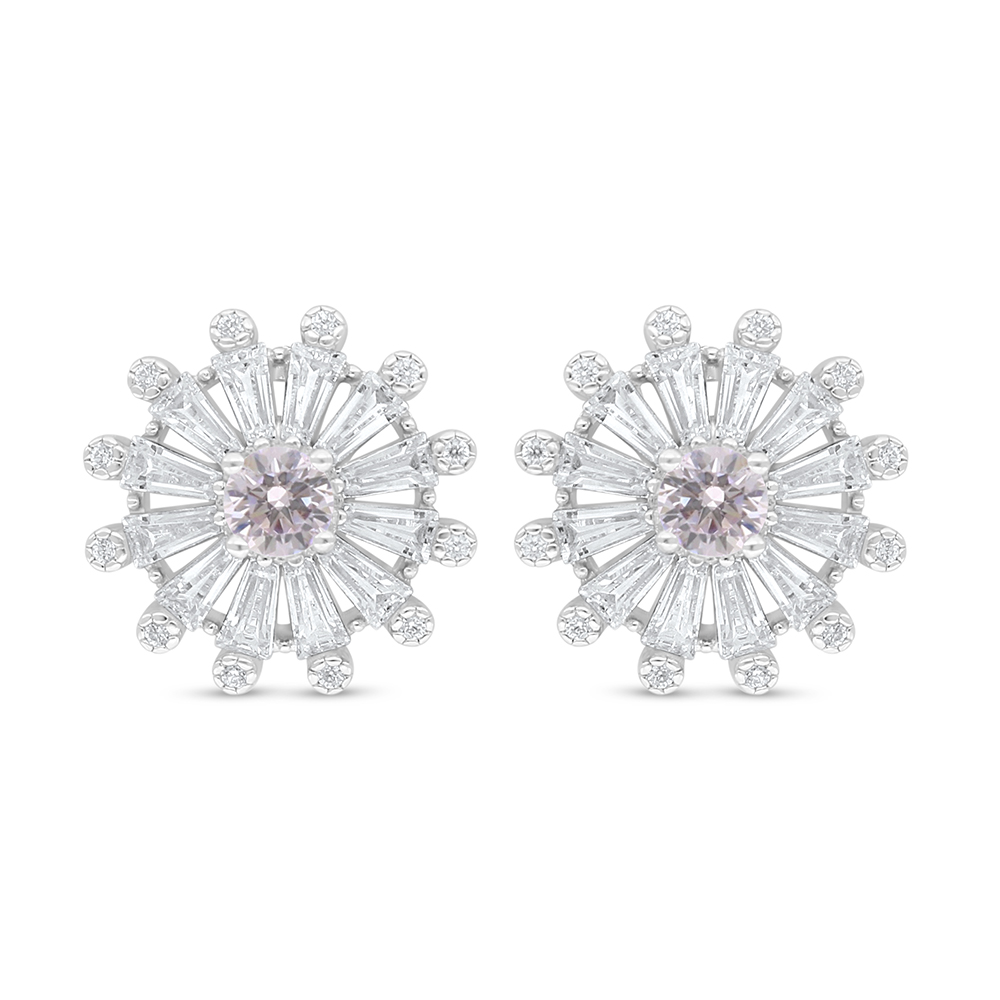 Sterling Silver 925 Earring Rhodium Plated Embedded With Pink Zircon And White Zircon