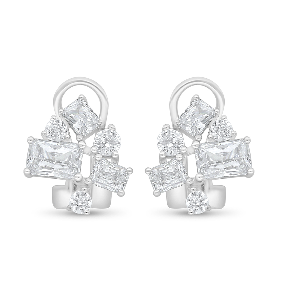 Sterling Silver 925 Earring Rhodium Plated Embedded With White Zircon