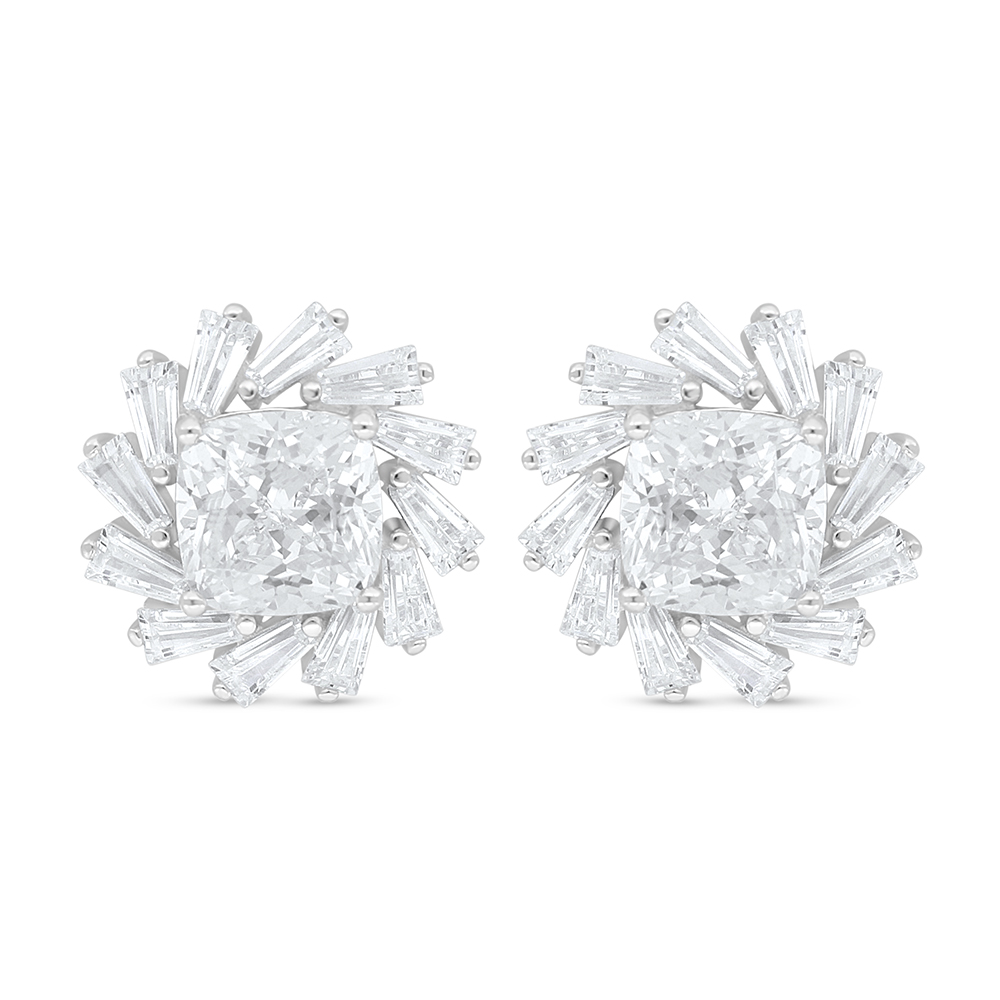 Sterling Silver 925 Earring Rhodium Plated Embedded With White Zircon