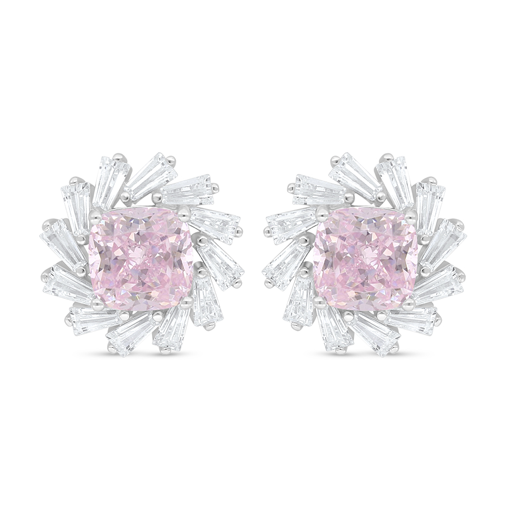 Sterling Silver 925 Earring Rhodium Plated Embedded With Pink Zircon And White Zircon