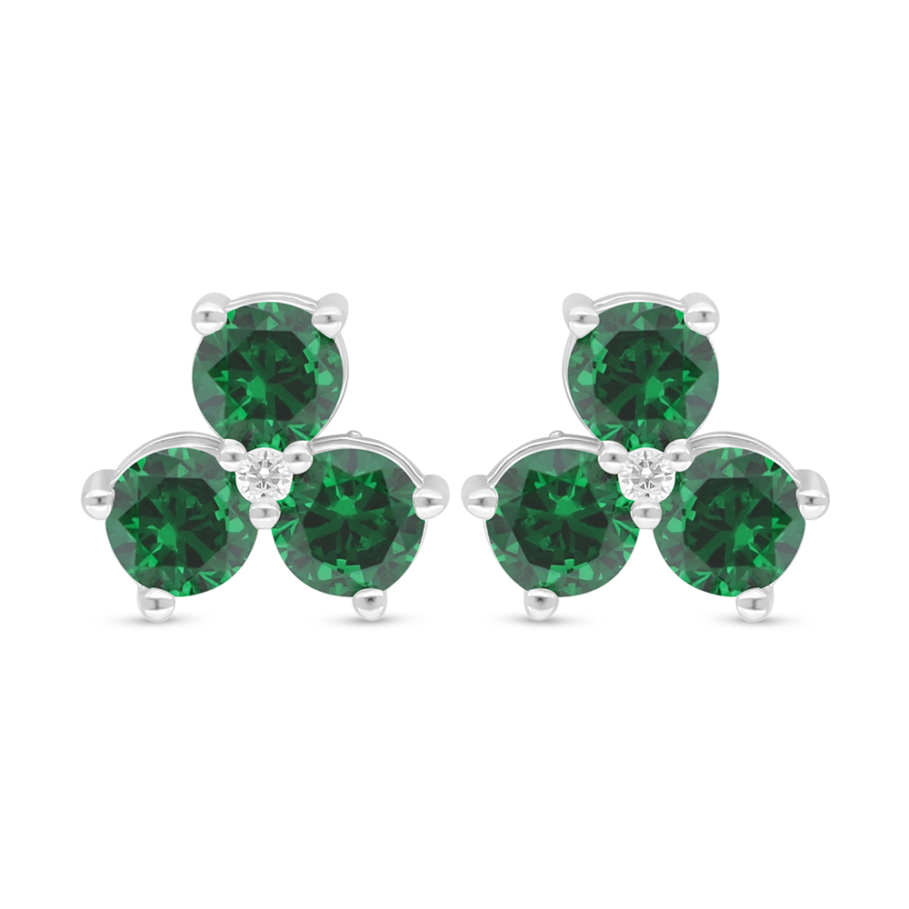 Sterling Silver 925 Earring Rhodium Plated Embedded With Emerald Zircon And White Zircon