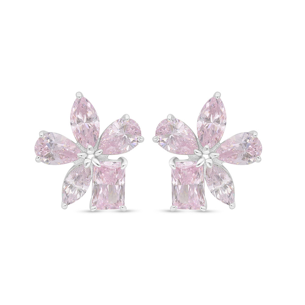 Sterling Silver 925 Earring Rhodium Plated Embedded With Pink Zircon 