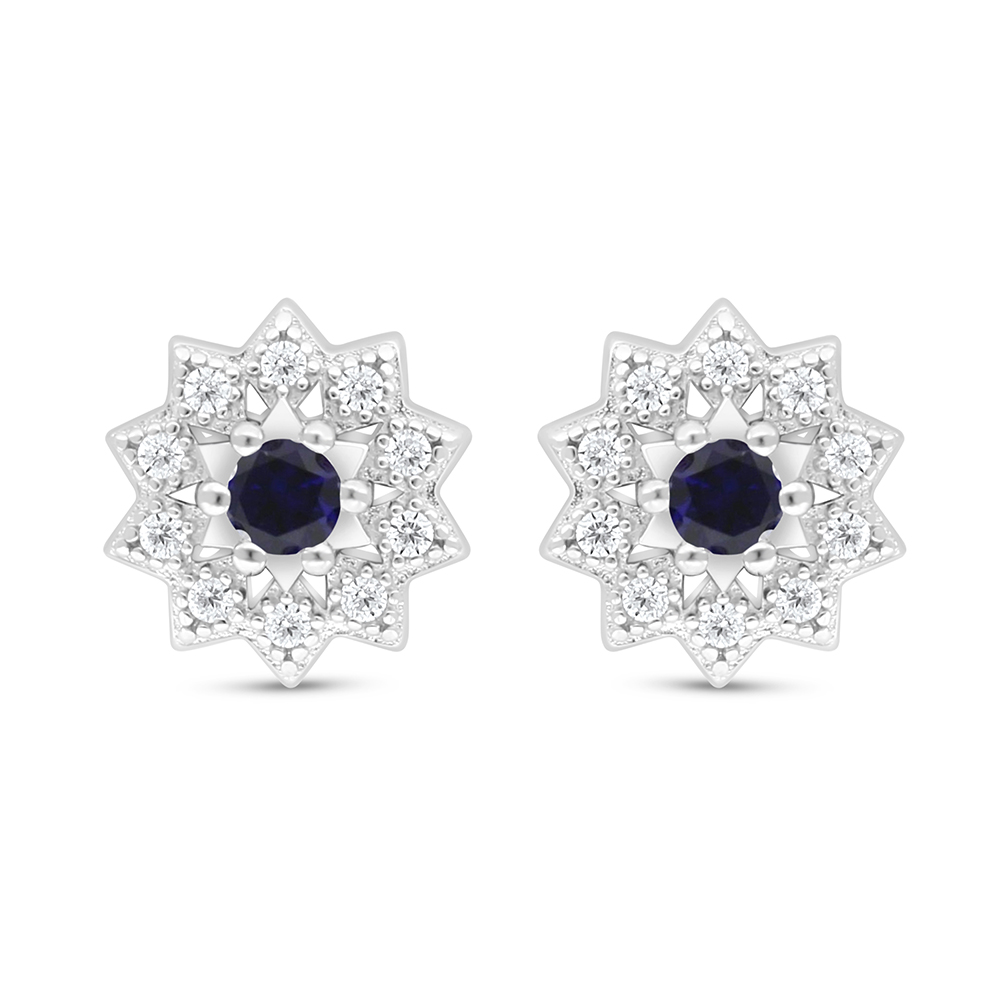 Sterling Silver 925 Earring Rhodium Plated Embedded With Sapphire Corundum And White Zircon