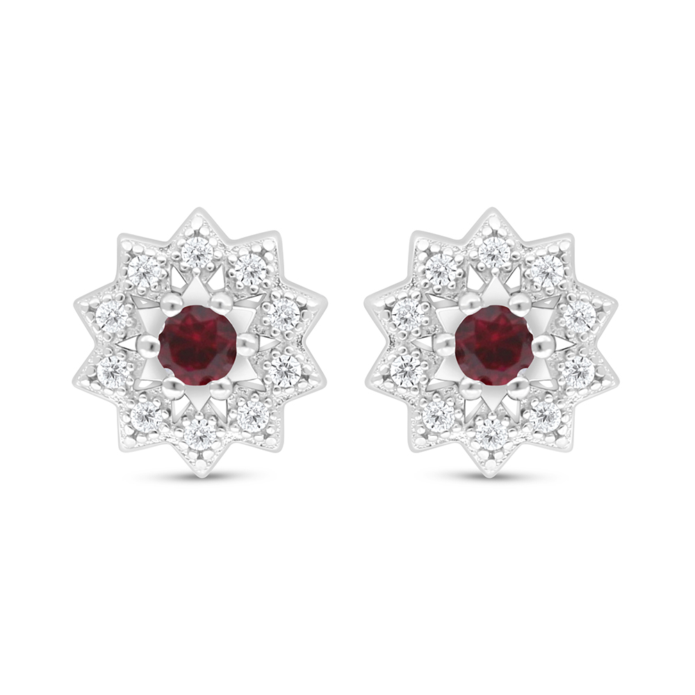 Sterling Silver 925 Earring Rhodium Plated Embedded With Ruby Corundum And White Zircon